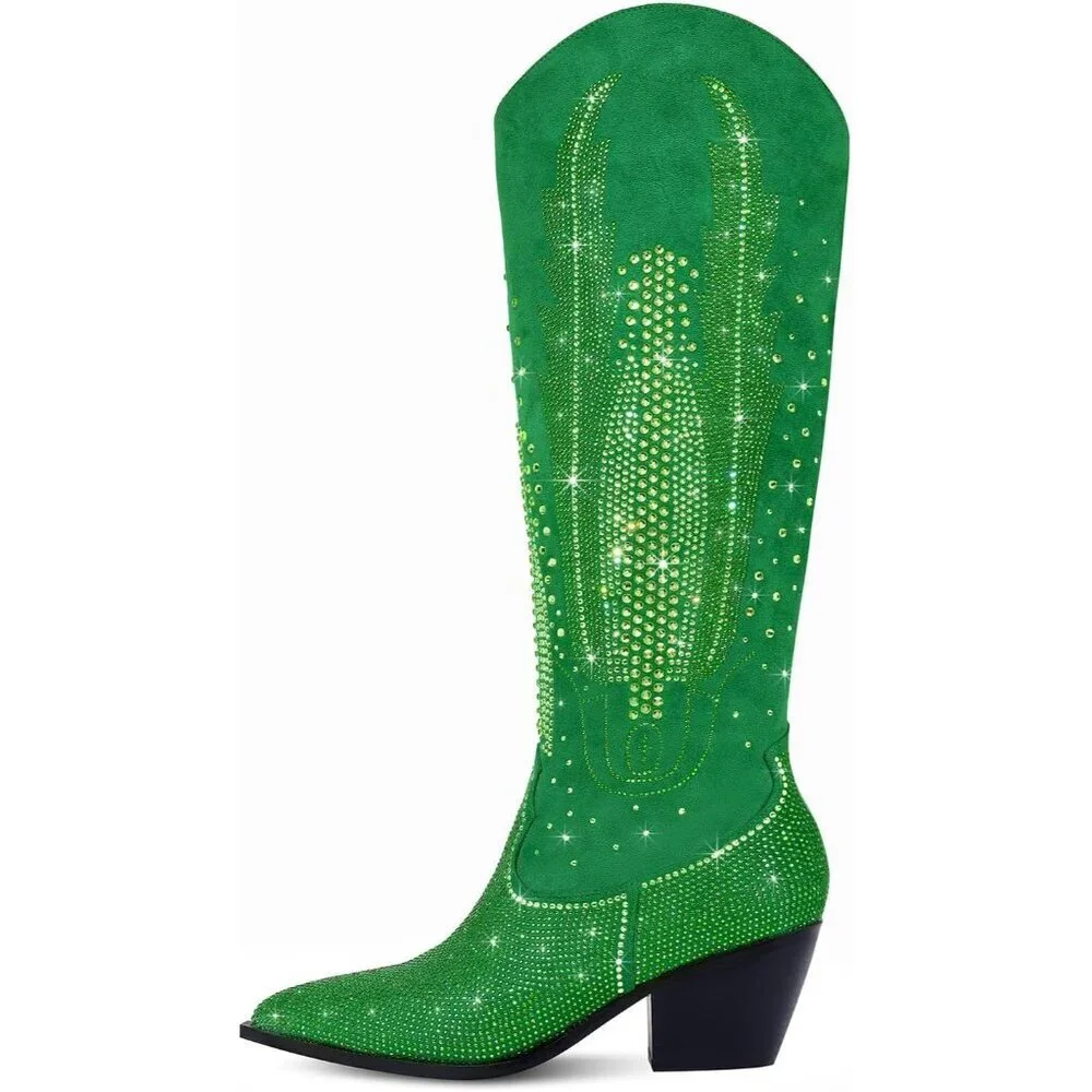 Women Polyurethane Green Knee High Pointed Toe Chunky Heel Rhinestone Boot